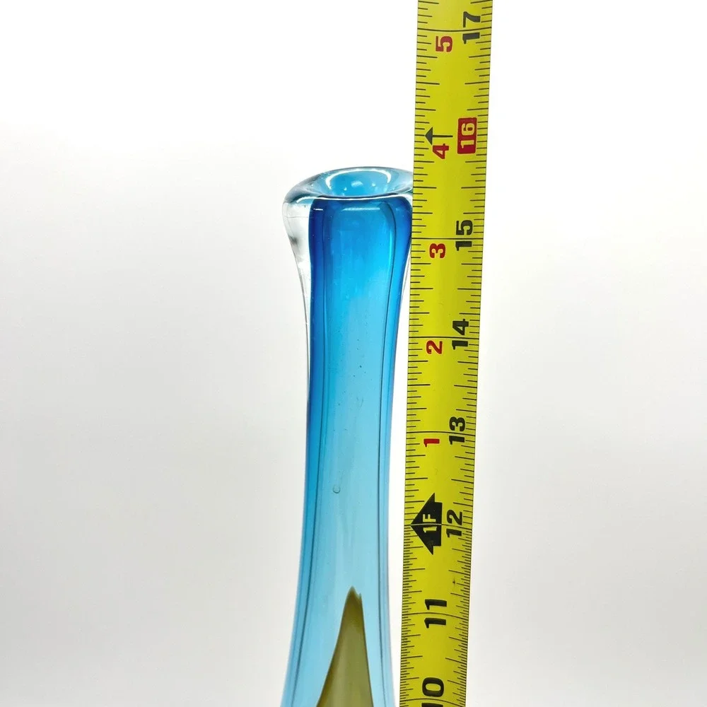 Sommerso Style Glass Vase Blue‎ Amber Teardrop Mid Century Modern 15.5
